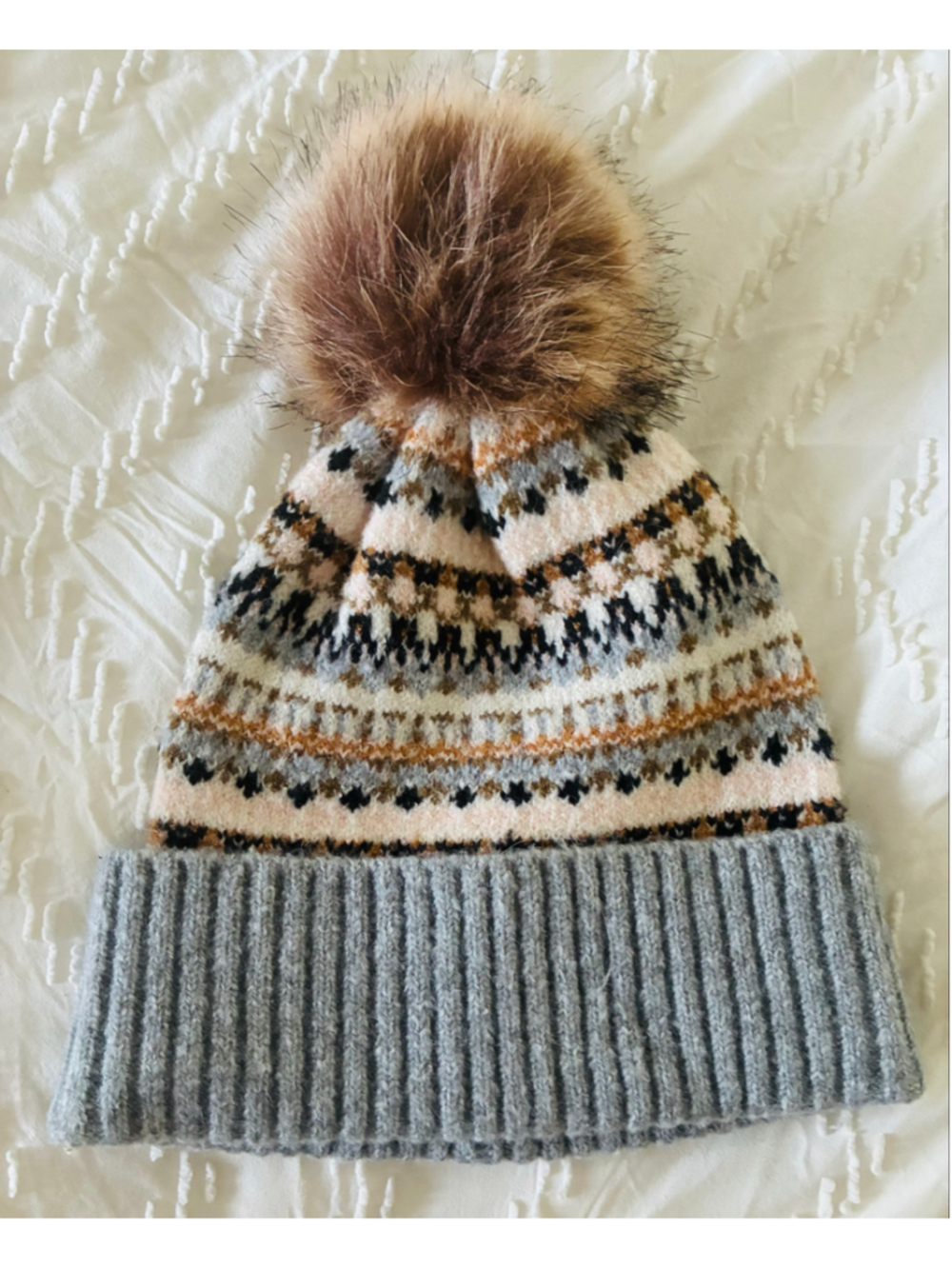 Women's Fair Isle Pom Pom Beanie Hat One Size Grey Beige pompom